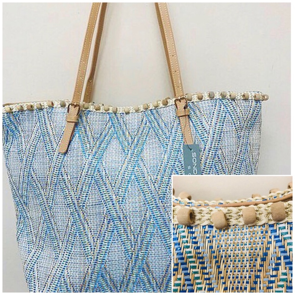 SR Blue Diamond Raffia Woven Tote, NWT